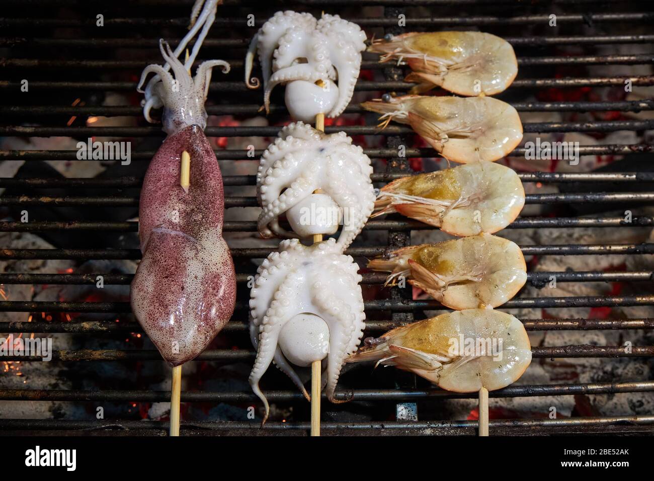 Squid, octopus and shrimp are grilled, traditional Thai food Stock