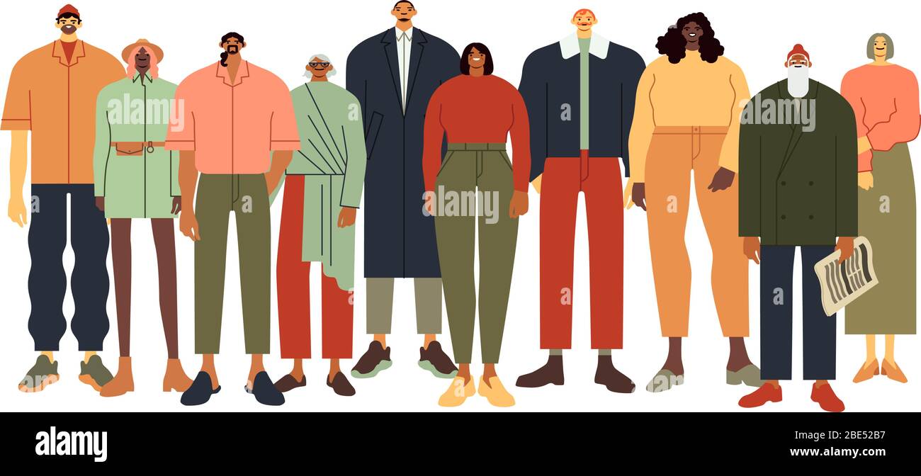 Multi ethnic people group. Persons in casual outfit, diverse people team and adult community flat vector illustration. Multiracial unity. Smiling Stock Vector