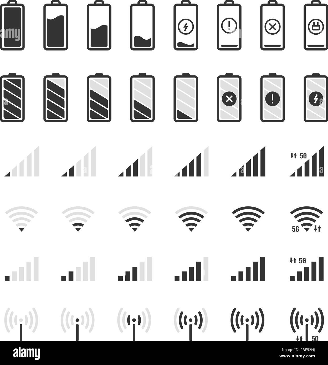 Battery and connection icons. Smartphone charge level, wifi and gsm signal strength, battery energy full and empty status UI elements vector isolated Stock Vector
