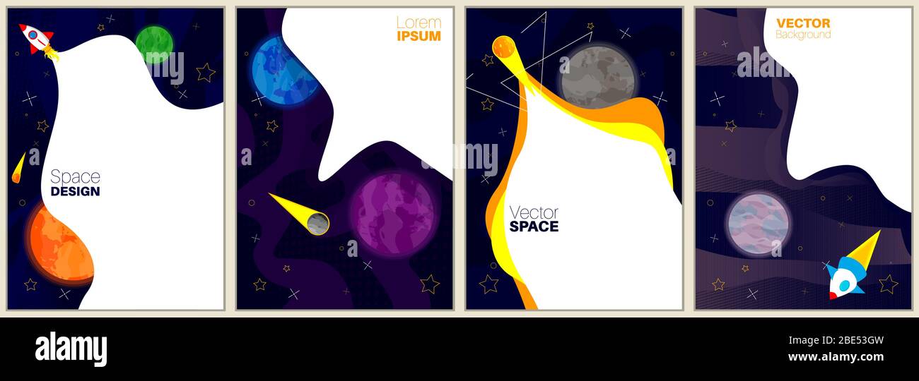 Set of banner templates. Universe concept. Planets in space. Space trip. Retro cartoon design with rockets, comets and stars. Vector illustration. Stock Vector