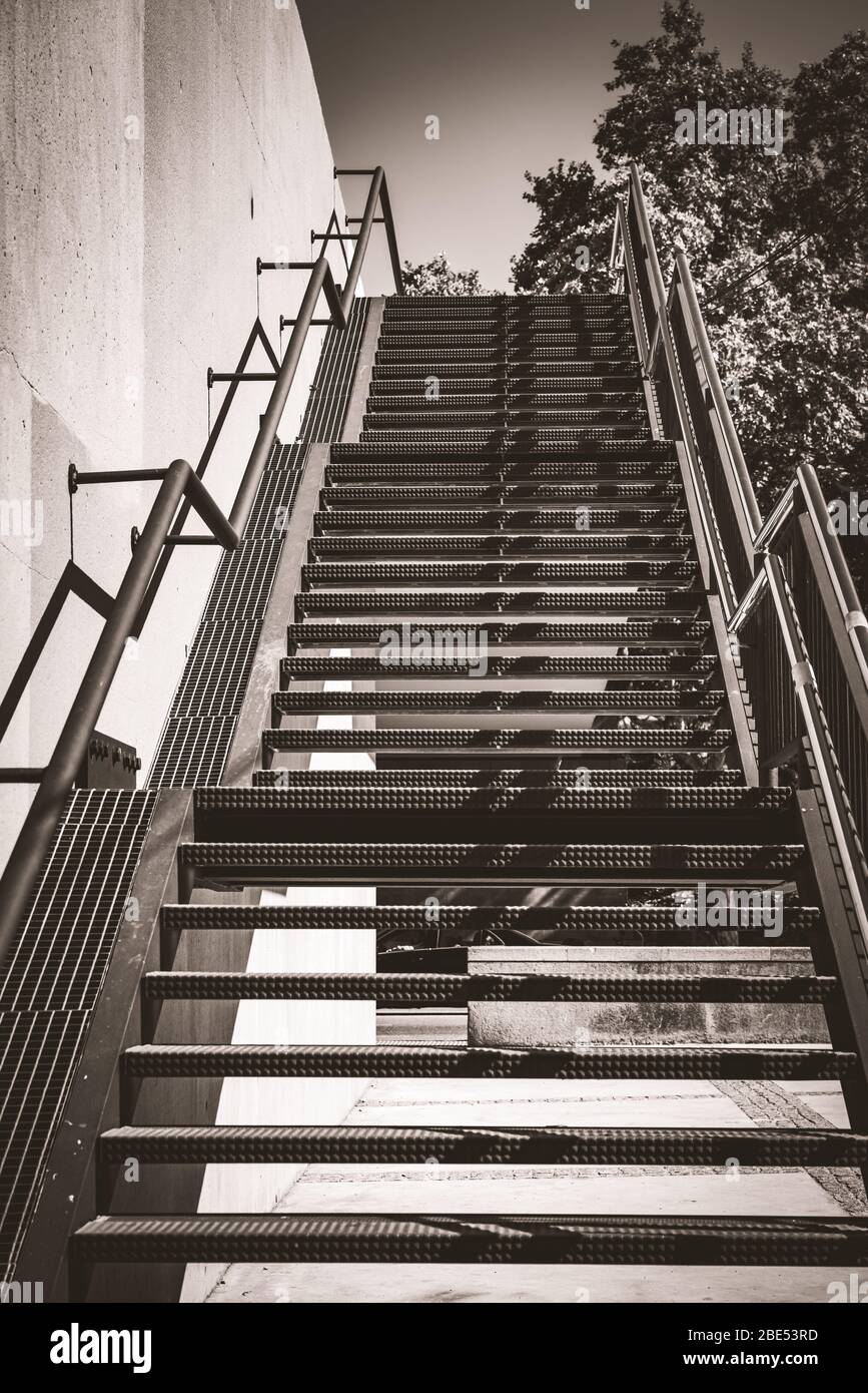 Exterior metal stairs in black and white Stock Photo