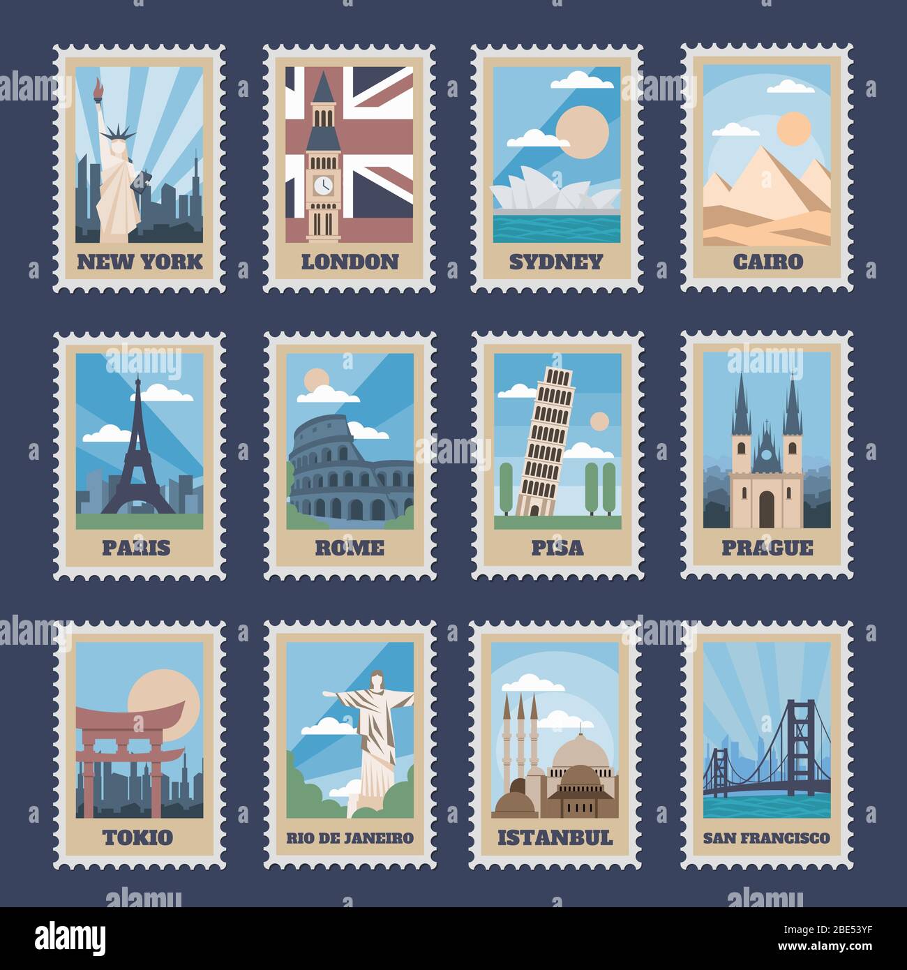 Travel postage stamps. Vintage stamp with national landmarks, retro stamping postmark world attractions and most popular points of world vector Stock Vector