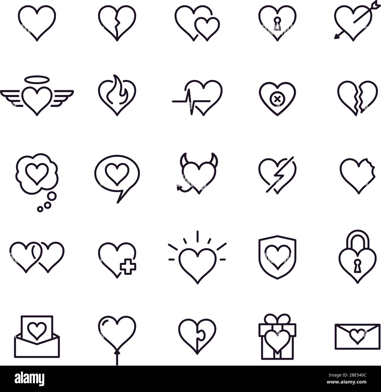 Heart line icons. Styling heart decoration elements, love and friendship symbols and outline lovely pictograms vector isolated icons set. Feelings Stock Vector