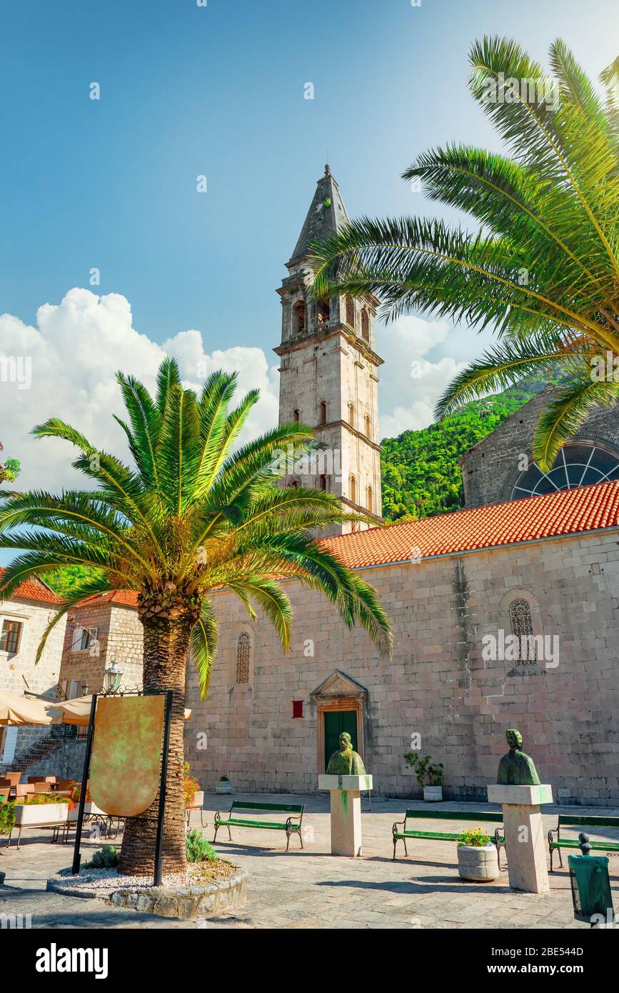 Montenegro. View of ancient town of Perast and Church of St. Mark Stock Photo
