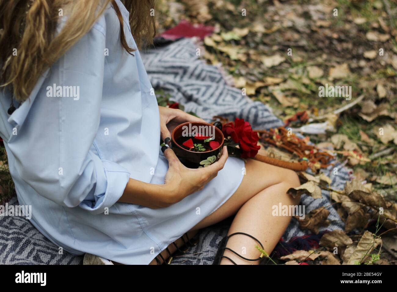 The girl holds a cup of tea in the woods. Red roses. Romantic scene. Stock Photo