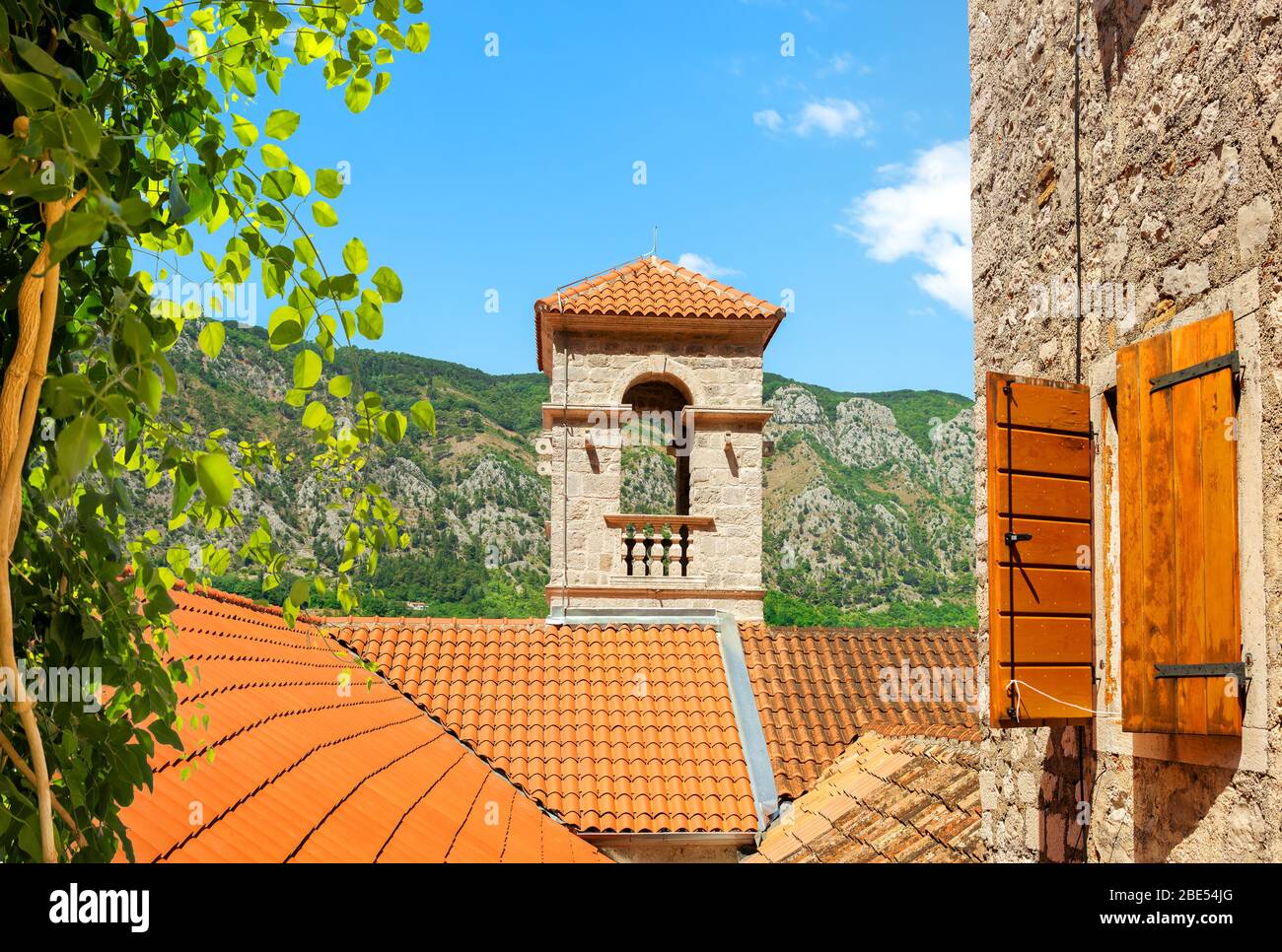 Saint Francis monastery. Saint Francis bell tower at the old town of Kotor in Montenegro Stock Photo