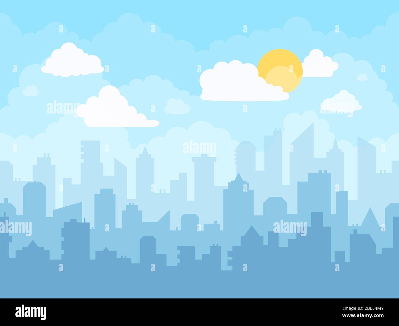 Cartoon blue sky cityscape. Cloudy sky, city skyline landscape, midday graphic urban silhouette cityscape illustration and town building layers bright Stock Vector