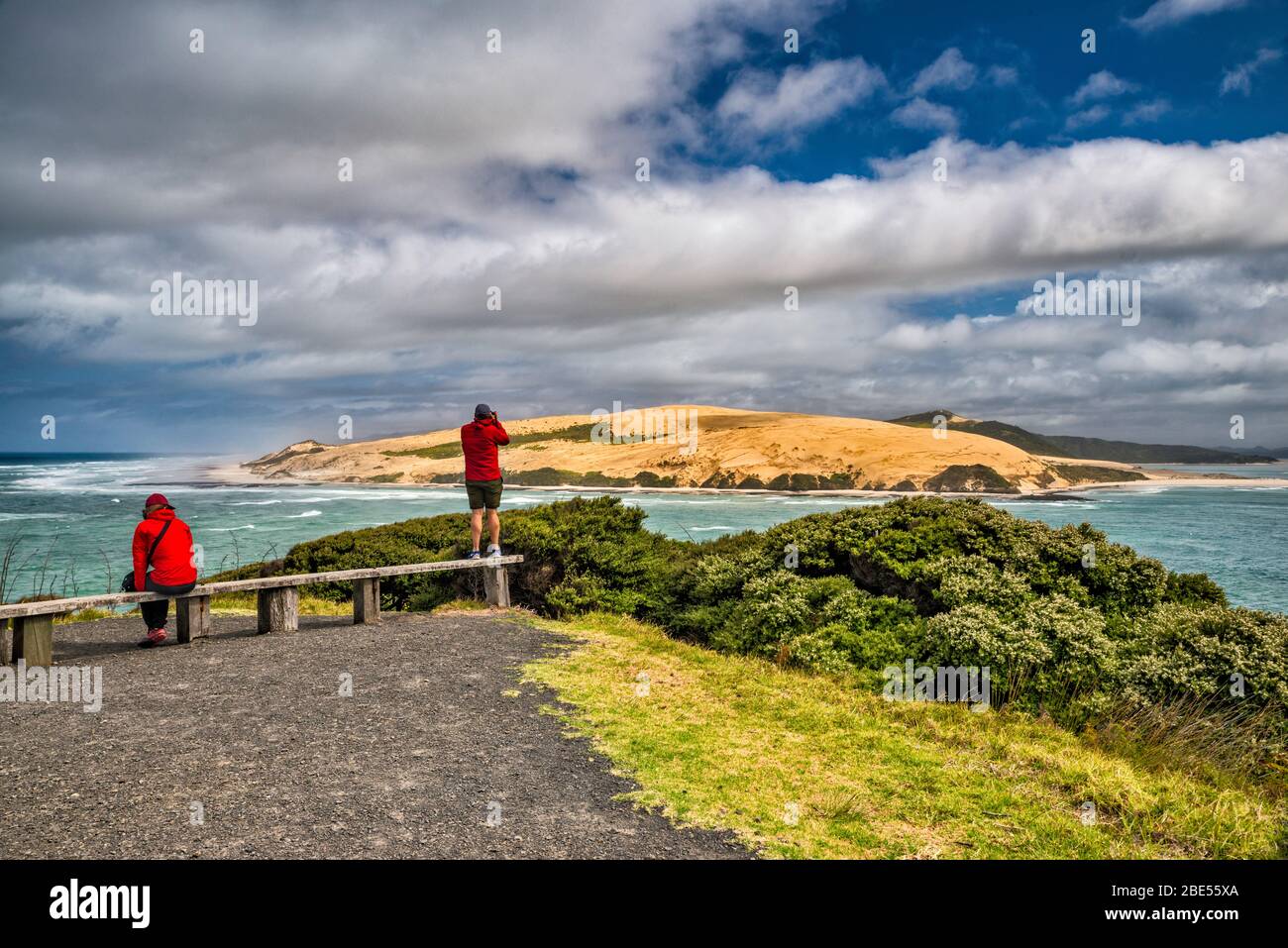 North Head sand dunes, Hokianga Harbour, Tasman Sea, view from South Head, Arai te Uru Scenic Reserve, near Omapere, North Island, New Zealand Stock Photo