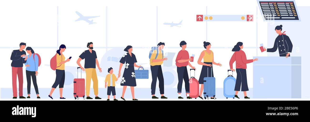 Airport departure area. Plane boarding flight register, tourists with luggage in landing queue check in vector illustration Stock Vector
