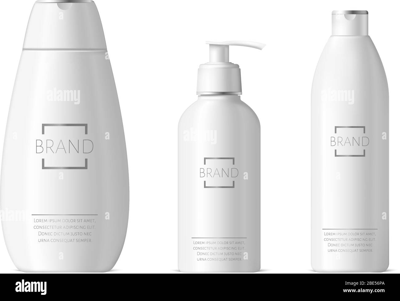 Realistic cosmetic bottles. Shampoo and moisturizer packaging, white
