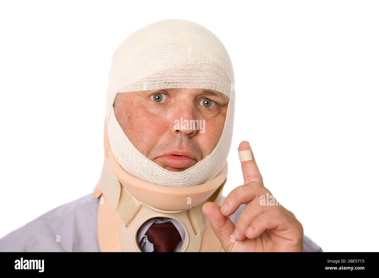 Various concepts of over estimation or exaggeration with a guy worried about his sore finger. Stock Photo