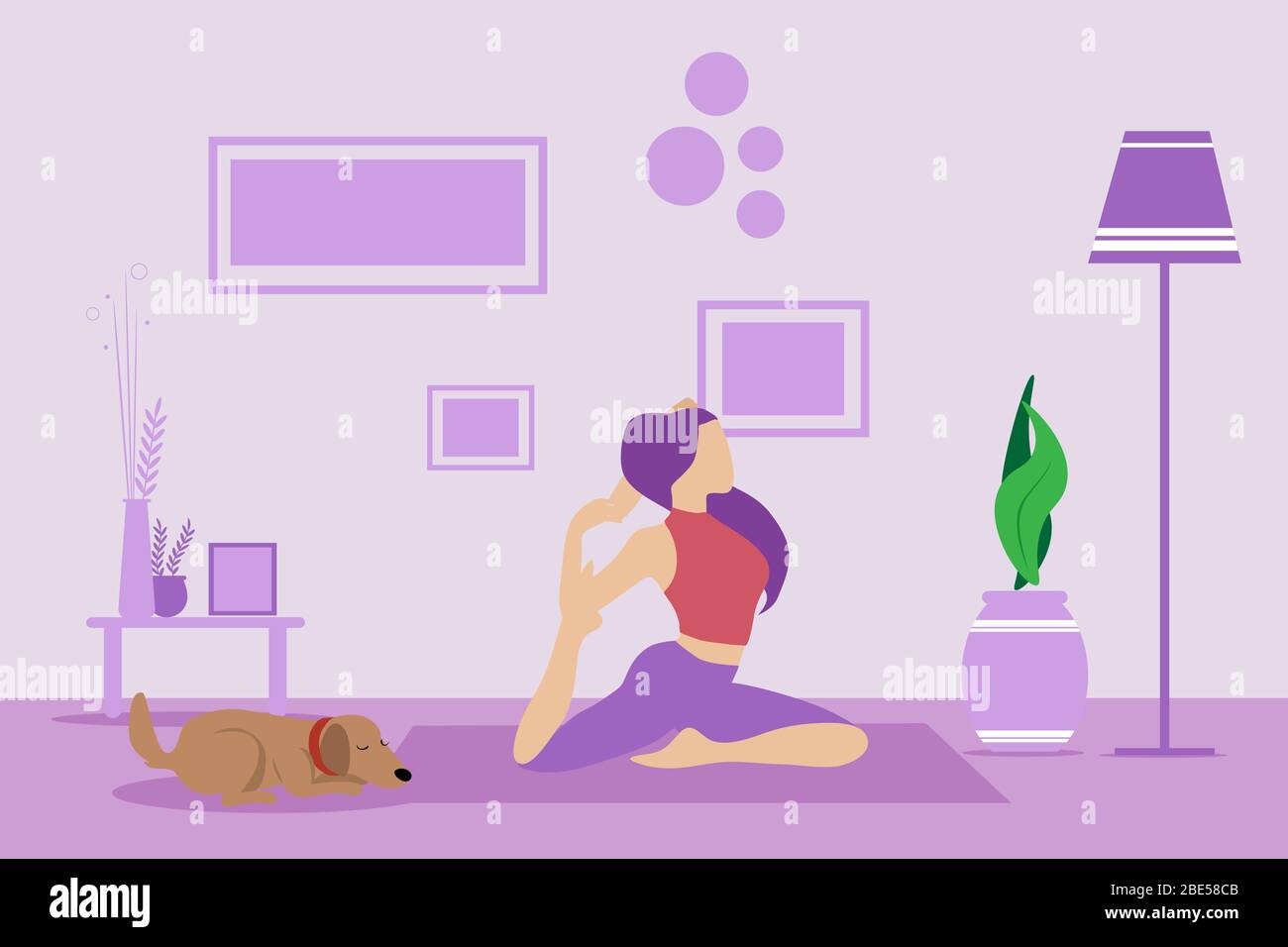 Young girl doing yoga at home. Concept of a healthy lifestyle and physical activity during the quarantine. Modern interior of the living room Stock Vector