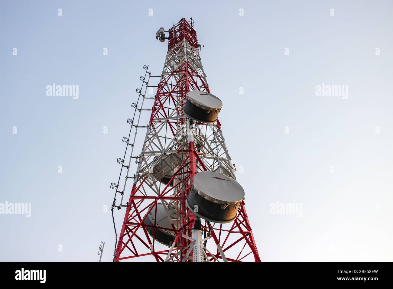 Cellular Base Station or Base Transceiver Station. Telecommunication tower. Wireless Communication Antenna Transmitter. 3G, 4G and 5G Cell Site. Stock Photo