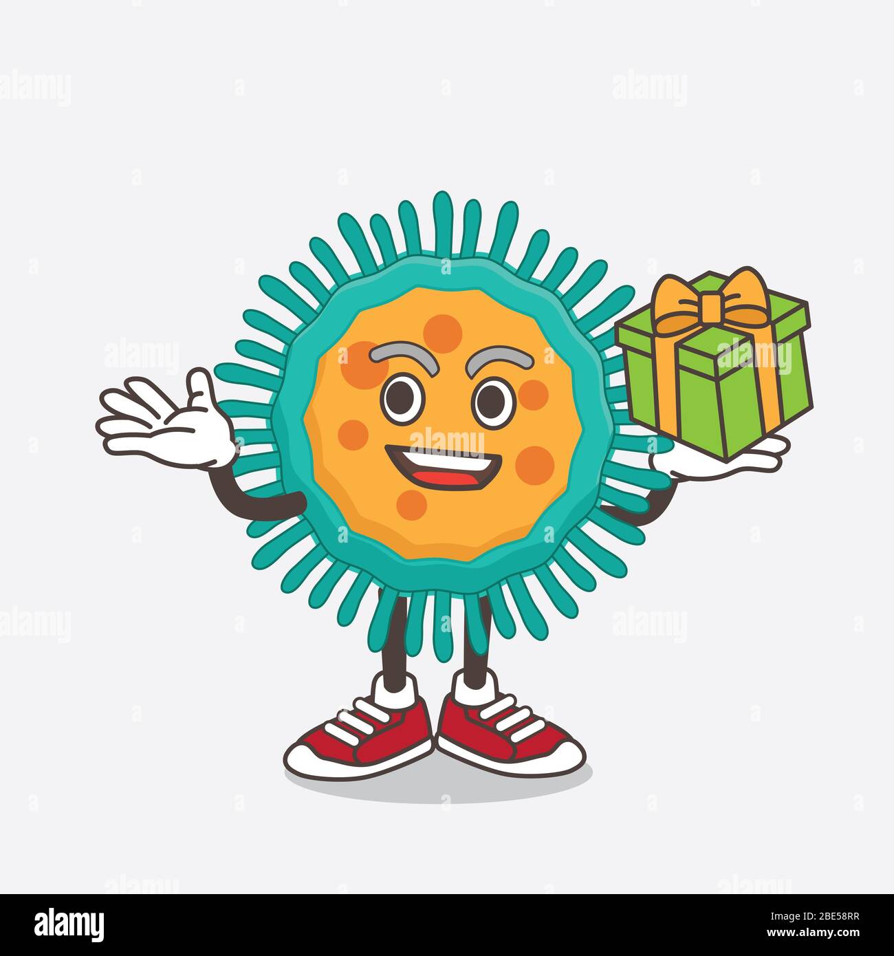 An illustration of Blue Virus cartoon mascot character with a box of ...