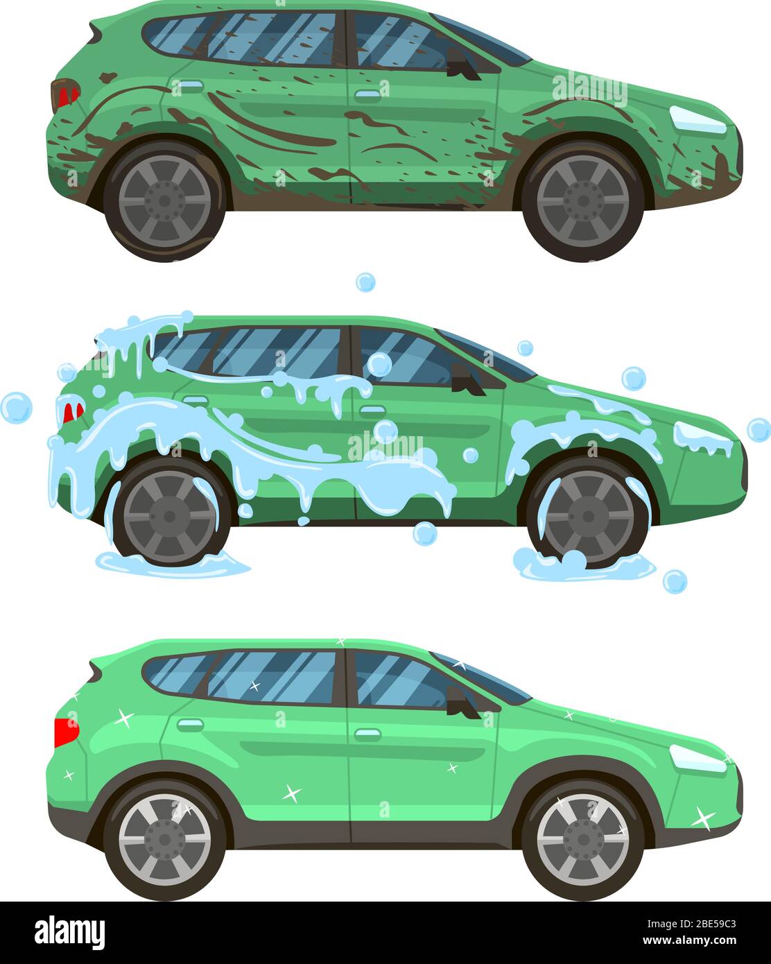 Dirty car wash. Messy city traffic automobile, steps of cleaning car wash from dirty and muddy to neat and clean vector isolated illustration set Stock Vector