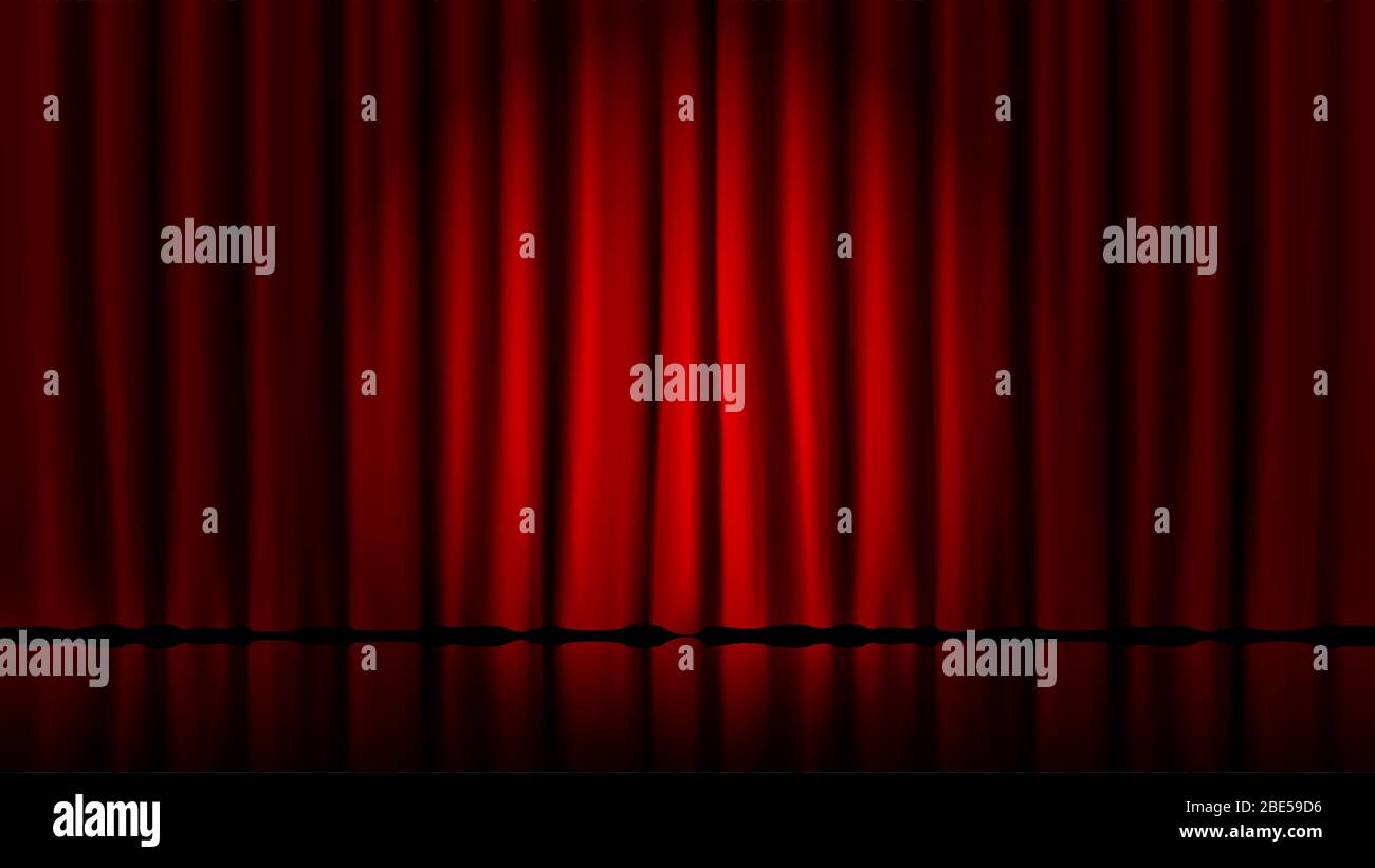 Stage curtains light by searchlight. Realistic theater red dramatic