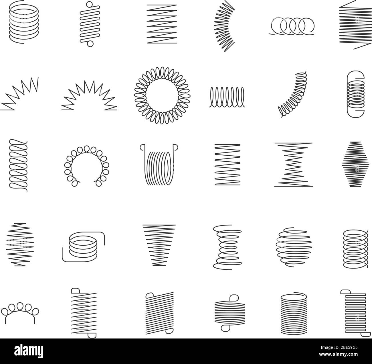 Metal spiral spring. Metallic coils, motor machine spiral sign, wire springs and steel curved flexible coils. Linear spirals silhouette isolated Stock Vector