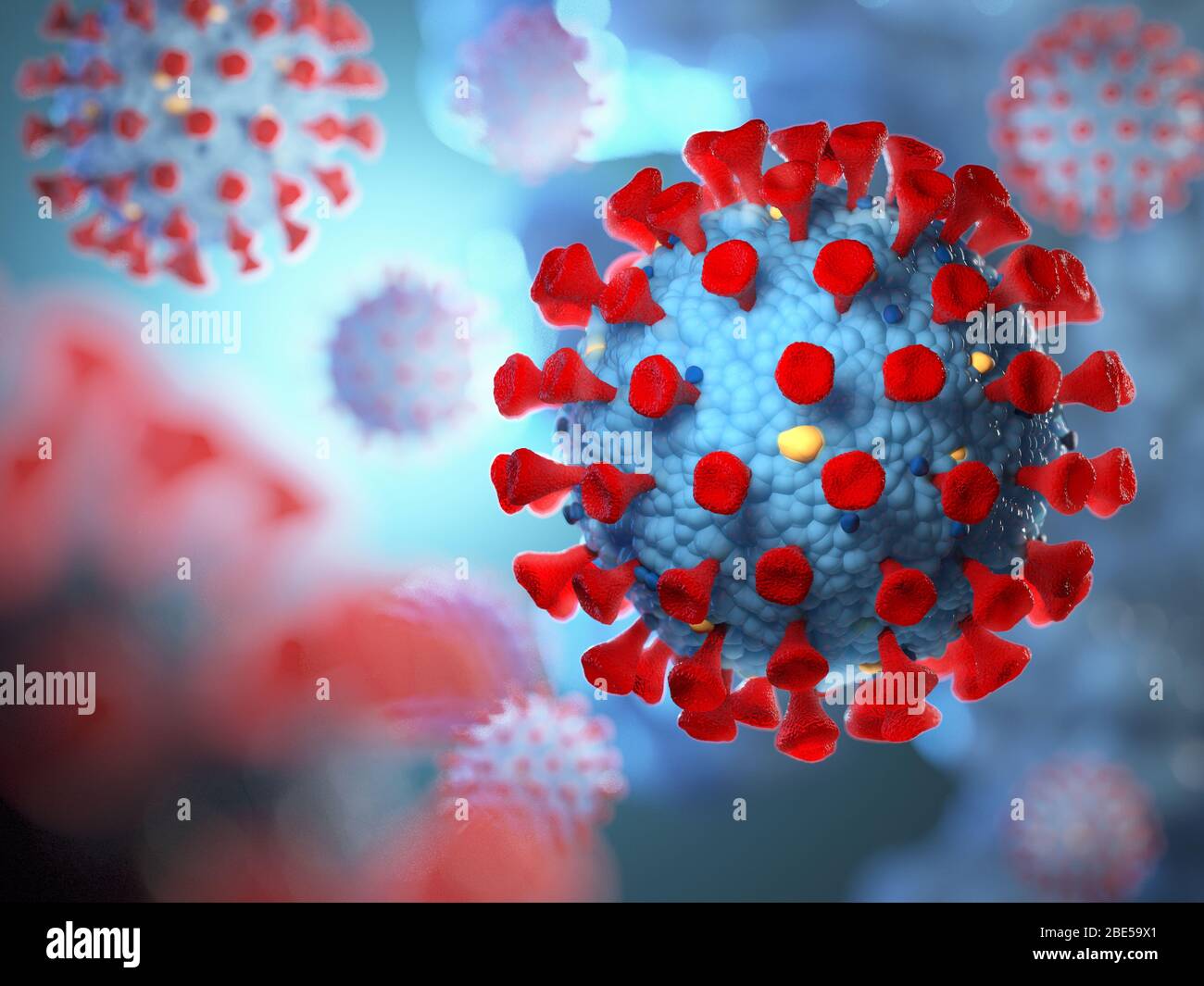3d illustration of flu Covid-19 cell floating under microscope with clipping path Stock Photo