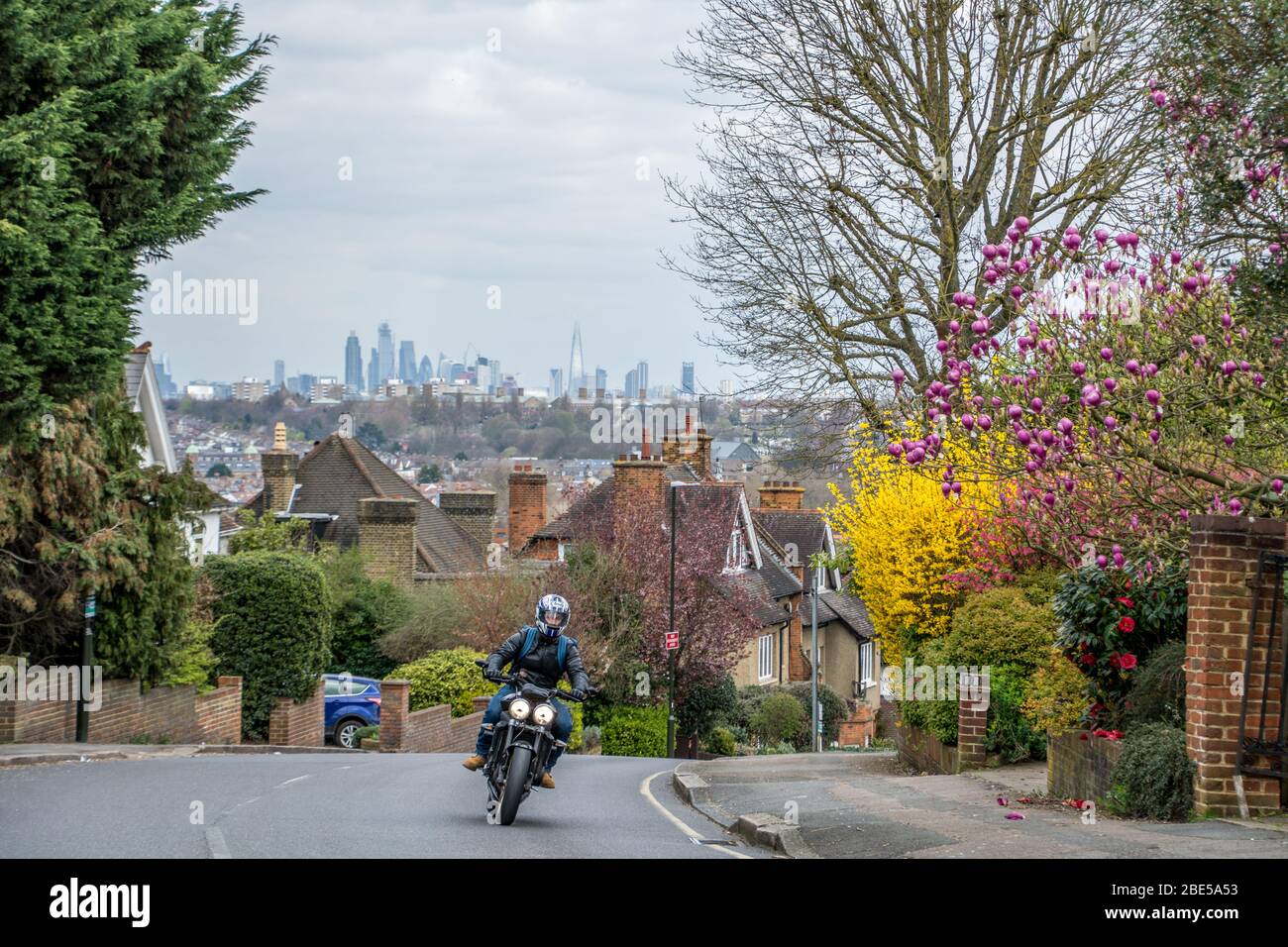 Street of house rooftops in Wimbledon with view of the City of London