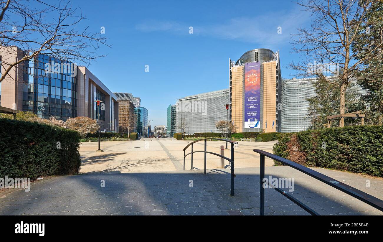Brussels, Belgium - April 07, 2020: The berlaymont building from Shuman square at Brussels without any people and car during the confinement period. Stock Photo