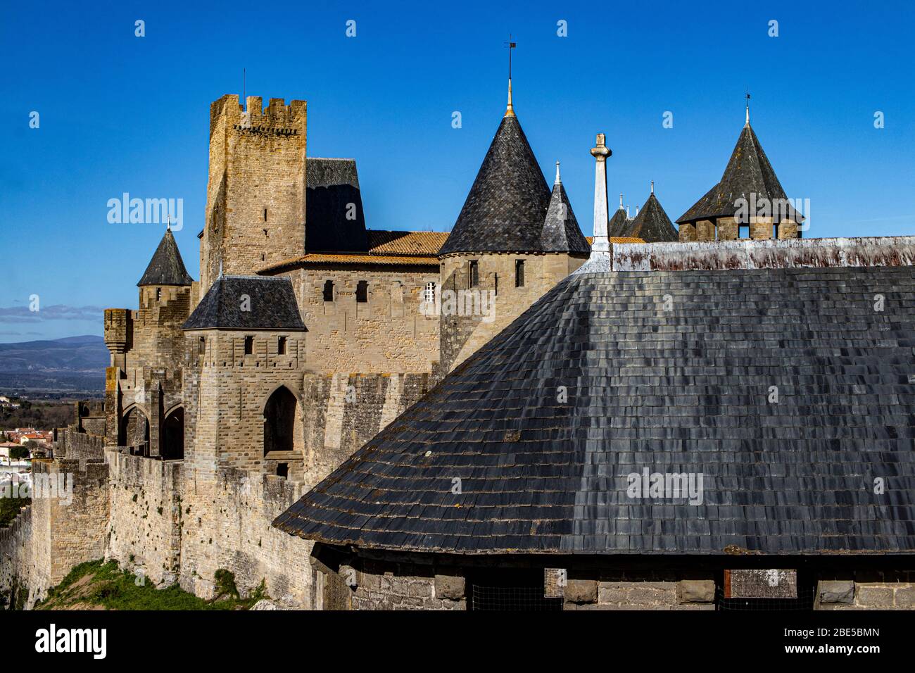 Carcassonne turrets, Cite de Carcassonne, Haute Garonne, France Stock Photo