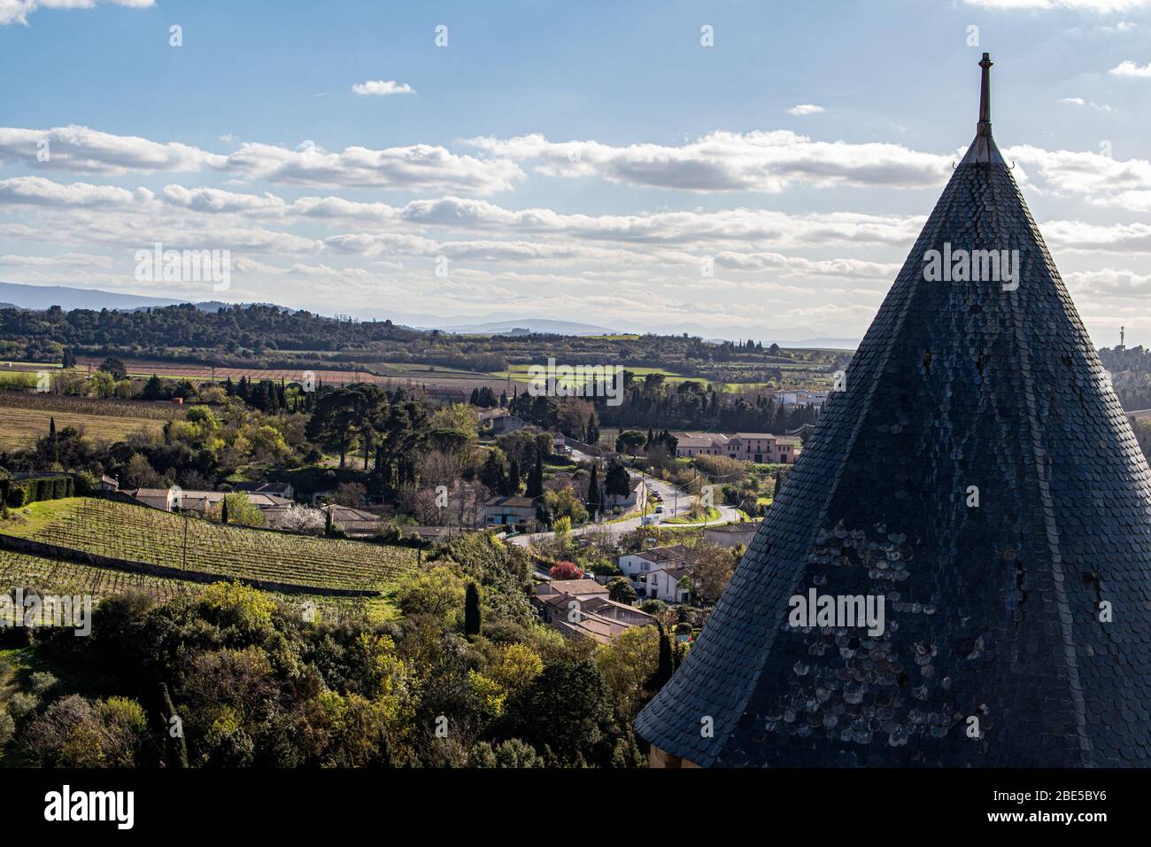 Turret and countryside,Cite de Carcassonne, Haute Garonne, France Stock Photo