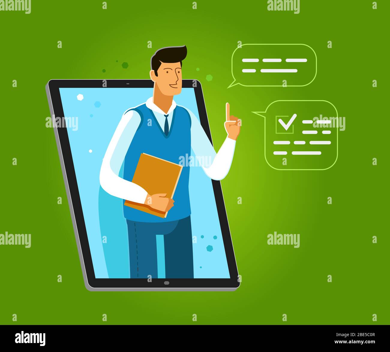 Learning provided through an application on laptop. Business, advisory service vector illustration Stock Vector