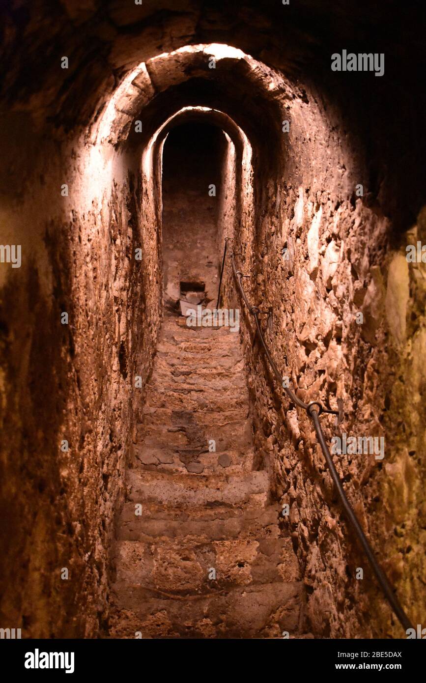 Secret staircase cave inside of Brans castle in Bran Stock Photo
