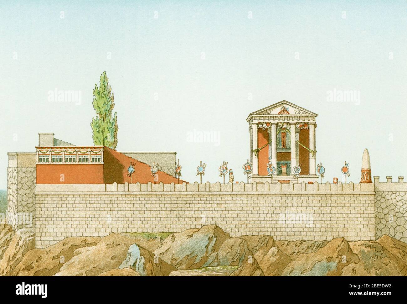 This illustration of the Temple of Hercules at Cora was done by the French architect Theodore Labrouste (1799-1885). Cora is a town in central Italy, 28 miles southeast of Rome. On the summit of the upper town stands the small Doric temple of the god Hercules (89–80 BC). Stock Photo