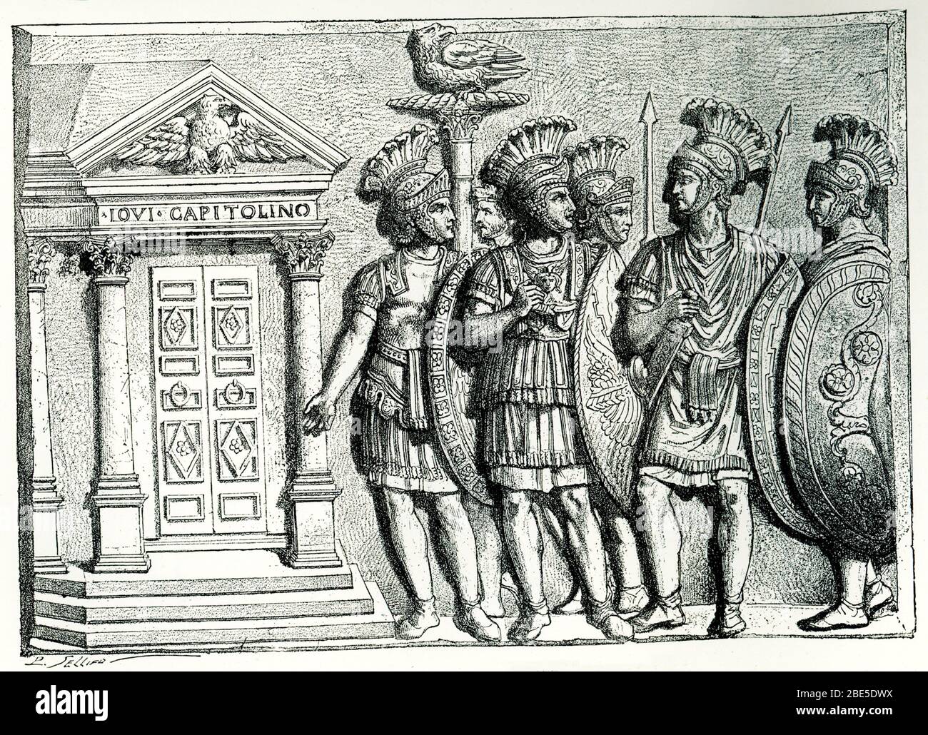 This illustration shows members of the Roman Praetorian Guard and is taken from a bas-relief in the Louvre Museum. Praetorian Guards is the name given to a special group of military soldiers whose duty it was to protect the emperor. They had existed during the Republic as the guards of Roman generals. The post ended in the fourth century A.D. under Constantine the Great. Stock Photo