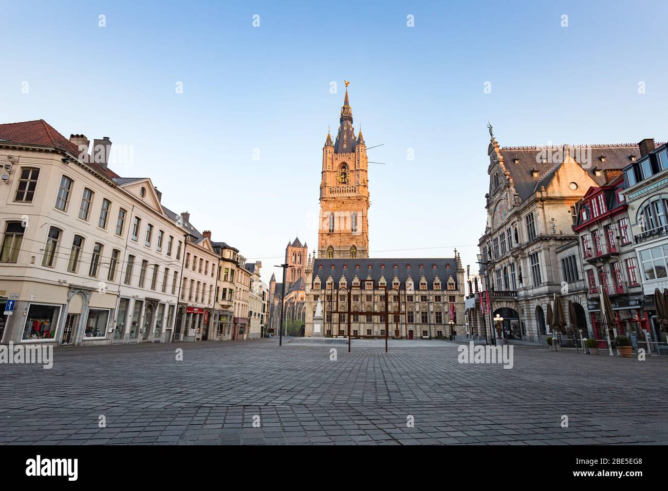 Ghent, Belgium - April 9, 2020: The 91 meter tall Belfry of Ghent. the tallest belfry in Belgium. Stock Photo