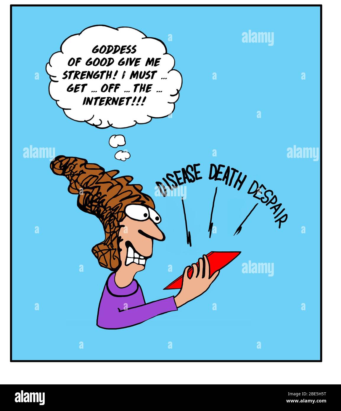 Color cartoon showing an overwhelmed woman getting bad news from the internet and stating she must get off the internet. Stock Photo