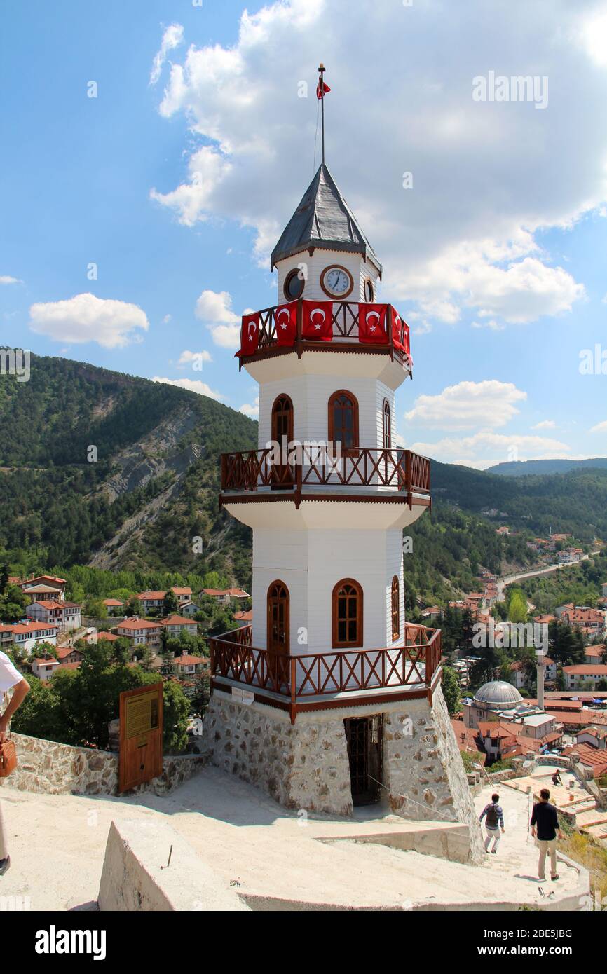 Bolu Goynuk Clock Tower is situated high on a hill. The Clock Tower was built in 1923 during the Republican era. Stock Photo