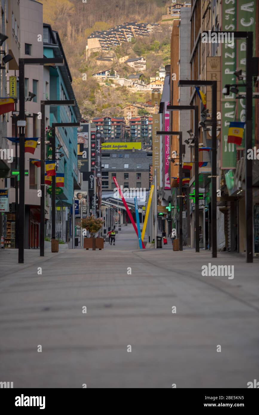 Andorra La Vella : 2020 April 11 : Andorra city center La vella, the capital of Andorra, all closed due to confinement by the COVID-19 virus, in the a Stock Photo