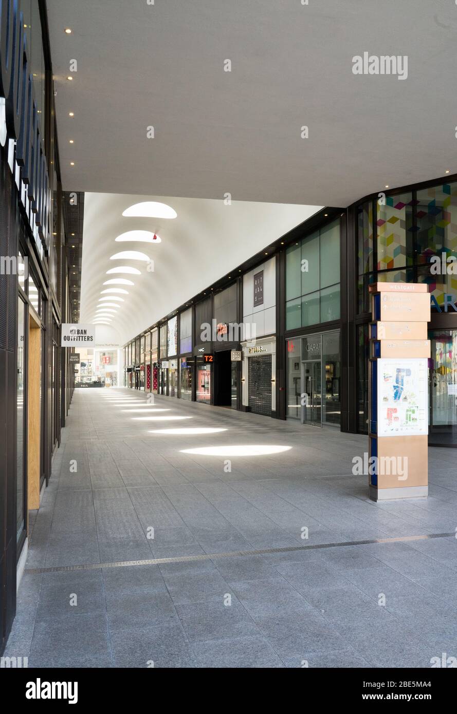 Oxford city Westgate Shopping Centre free from all pedestrians during Corona virus lockdown. Stock Photo