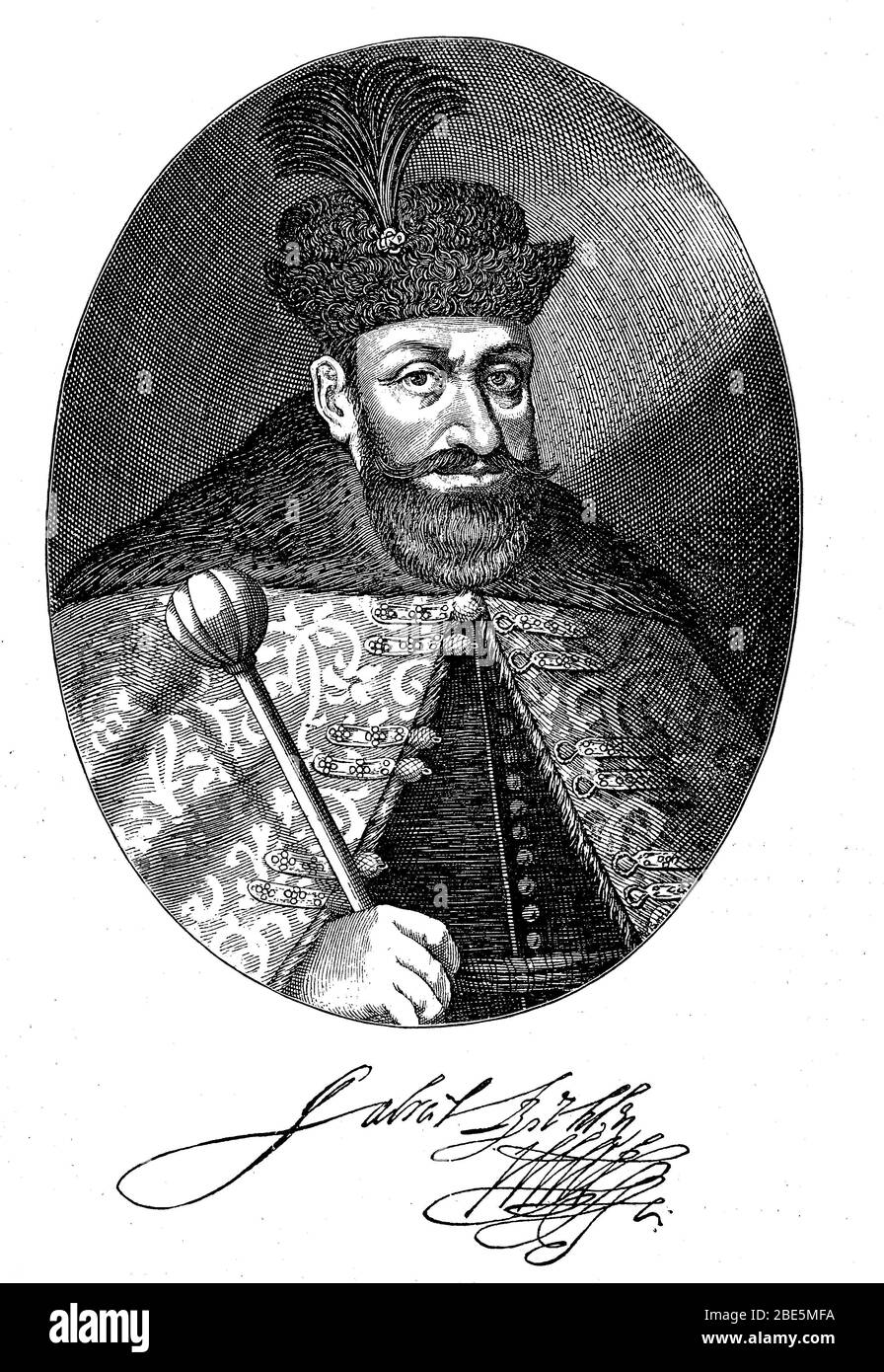 Gabriel Bethlen von Iktar, around 1580 - 15 November 1629, was Prince of Transylvania from 1613 to 1629  /  Gabriel Bethlen von Iktar, um 1580 - 15. November 1629, war von 1613 bis 1629 Fürst von Siebenbürgen, Historisch, digital improved reproduction of an original from the 19th century / digitale Reproduktion einer Originalvorlage aus dem 19. Jahrhundert Stock Photo