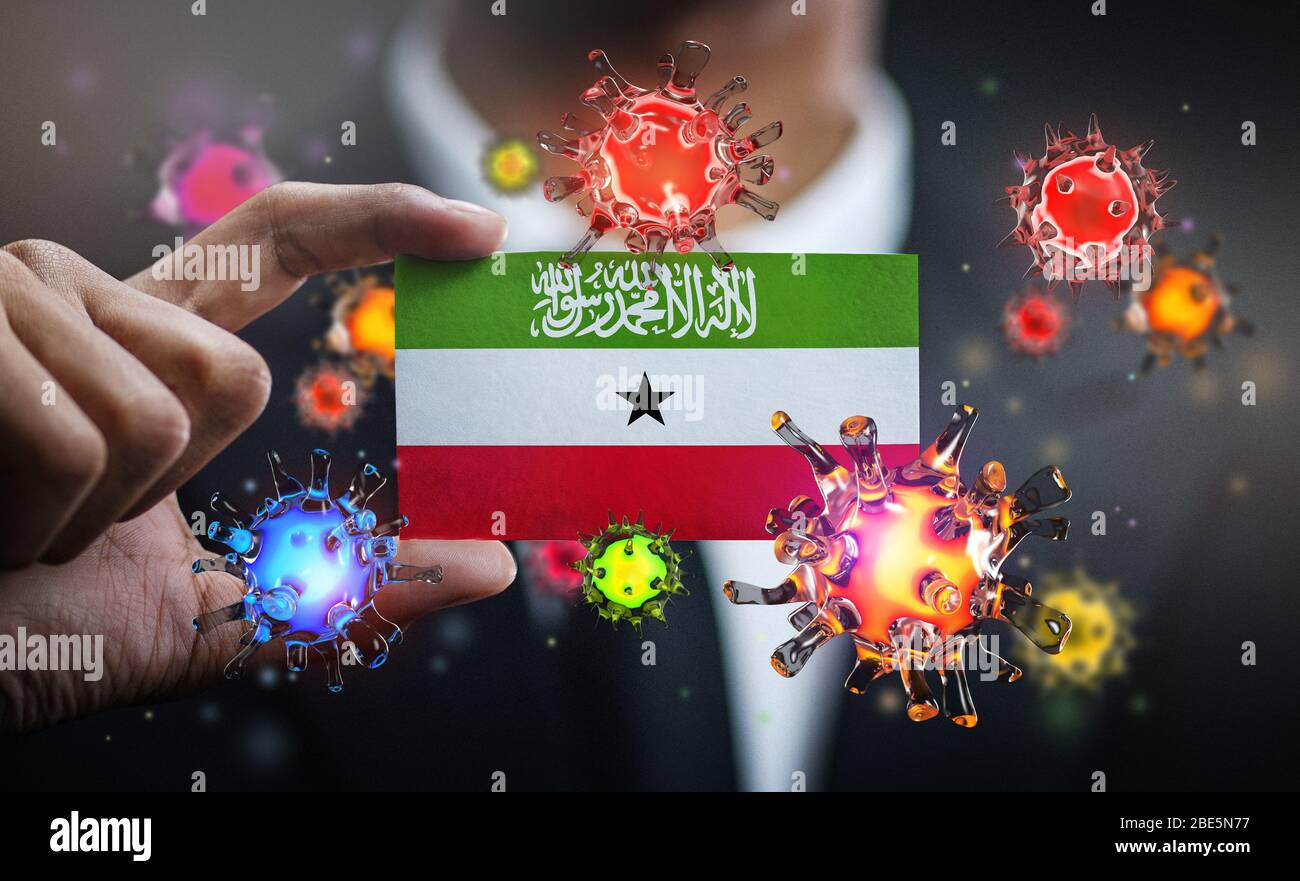 Corona Virus Around Somaliland Flag. Concept Pandemic Outbreak in Country Stock Photo