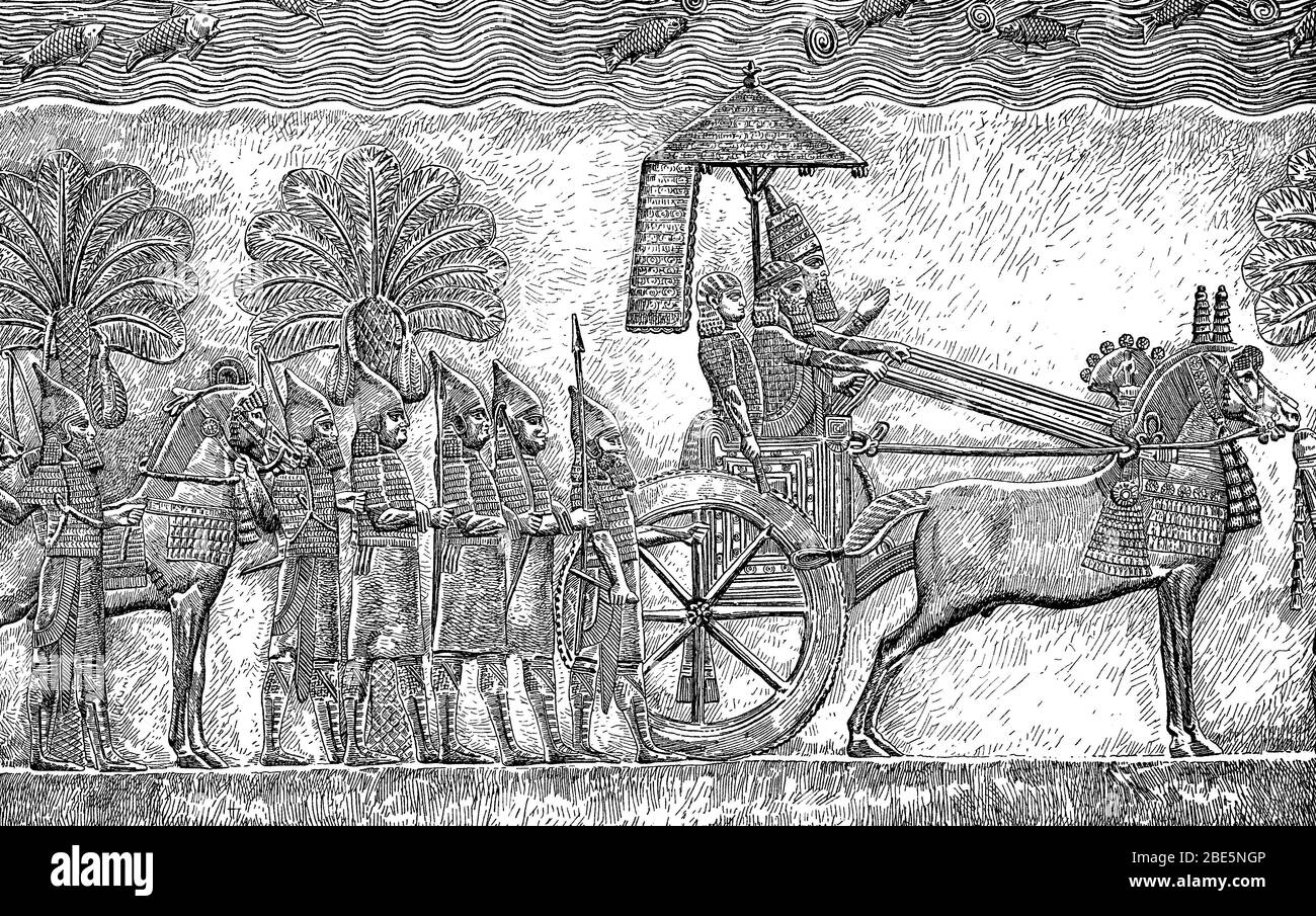 Sin-ahhe-eriba, Sanherib, about 745 B.C. - 16. January 680 B.C., was Assyrian king as son of Sargon II from 705 to 680 B.C., returning here at the head of the victorious war, stone relief, Assyrian Empire  /  Sin-ahhe-eriba, Sanherib, etwa 745 v. Chr - 16. Januar 680 v. Chr., war als Sohn Sargons II. von 705 bis 680 v. Chr. assyrischer König, hier an der Spitze vom siegreichen Krieg heimkehrend, Steinrelief, Assyrisches Reich, Historisch, digital improved reproduction of an original from the 19th century / digitale Reproduktion einer Originalvorlage aus dem 19. Jahrhundert Stock Photo