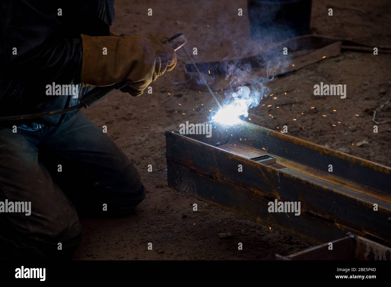 Welding work at a construction site. Preparation for mounting metal ...