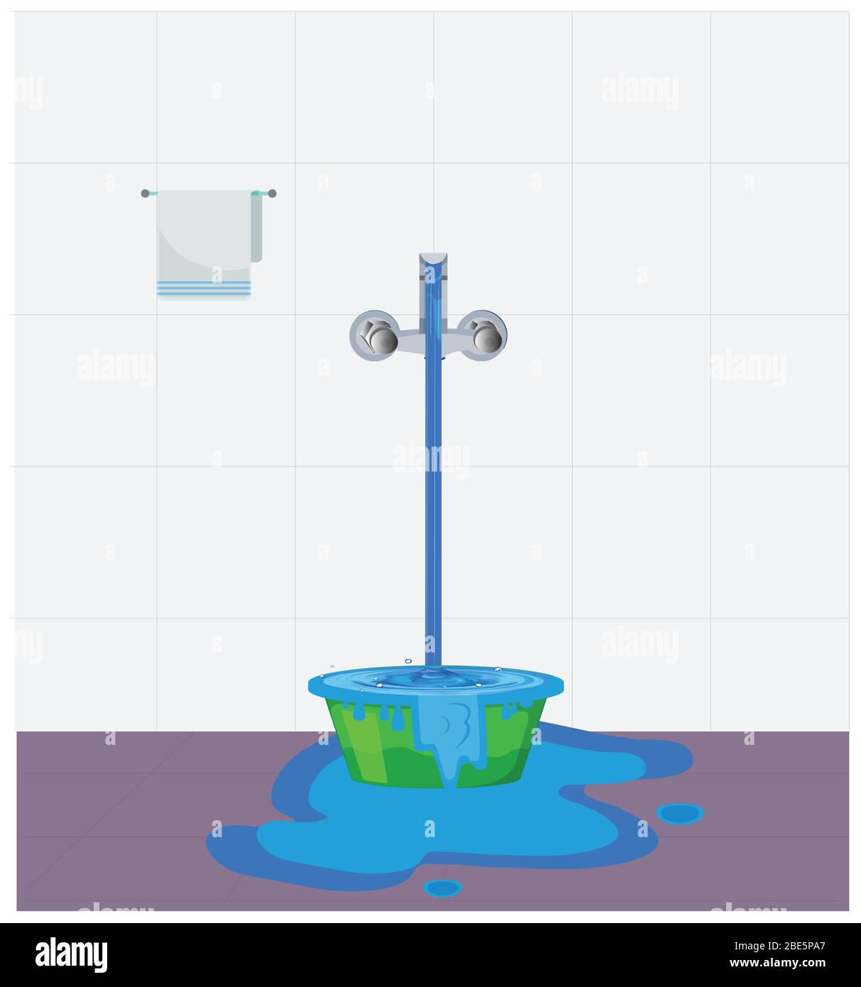 Water waste from running tap. Wastage of  water theme for save water. Spread water on floor from hole bucket. Stock Vector