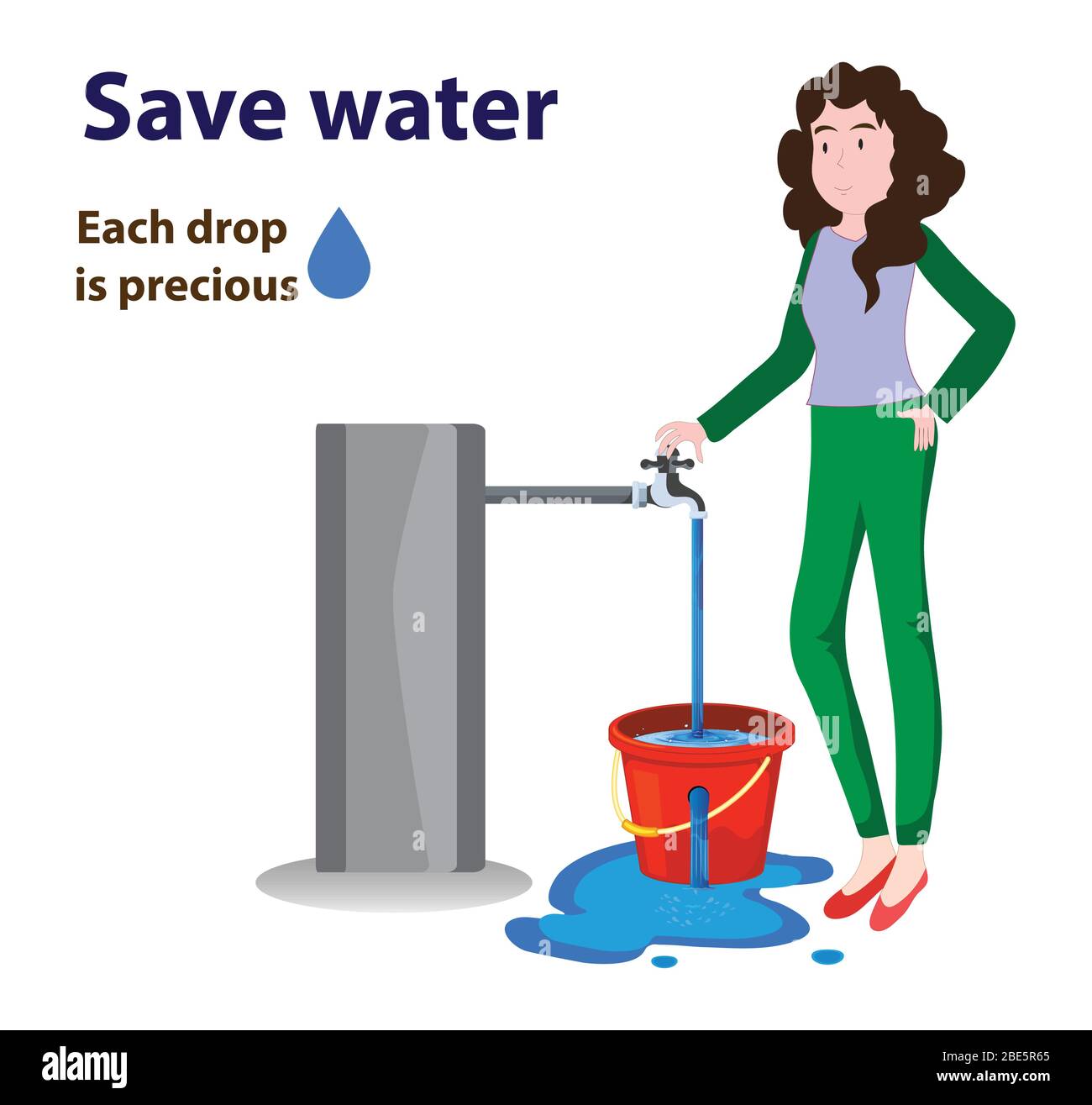 Women closing the water tap as water is overflowing from damage or hole bucket. Wastage of water theme with women character in white background. Vecto Stock Vector