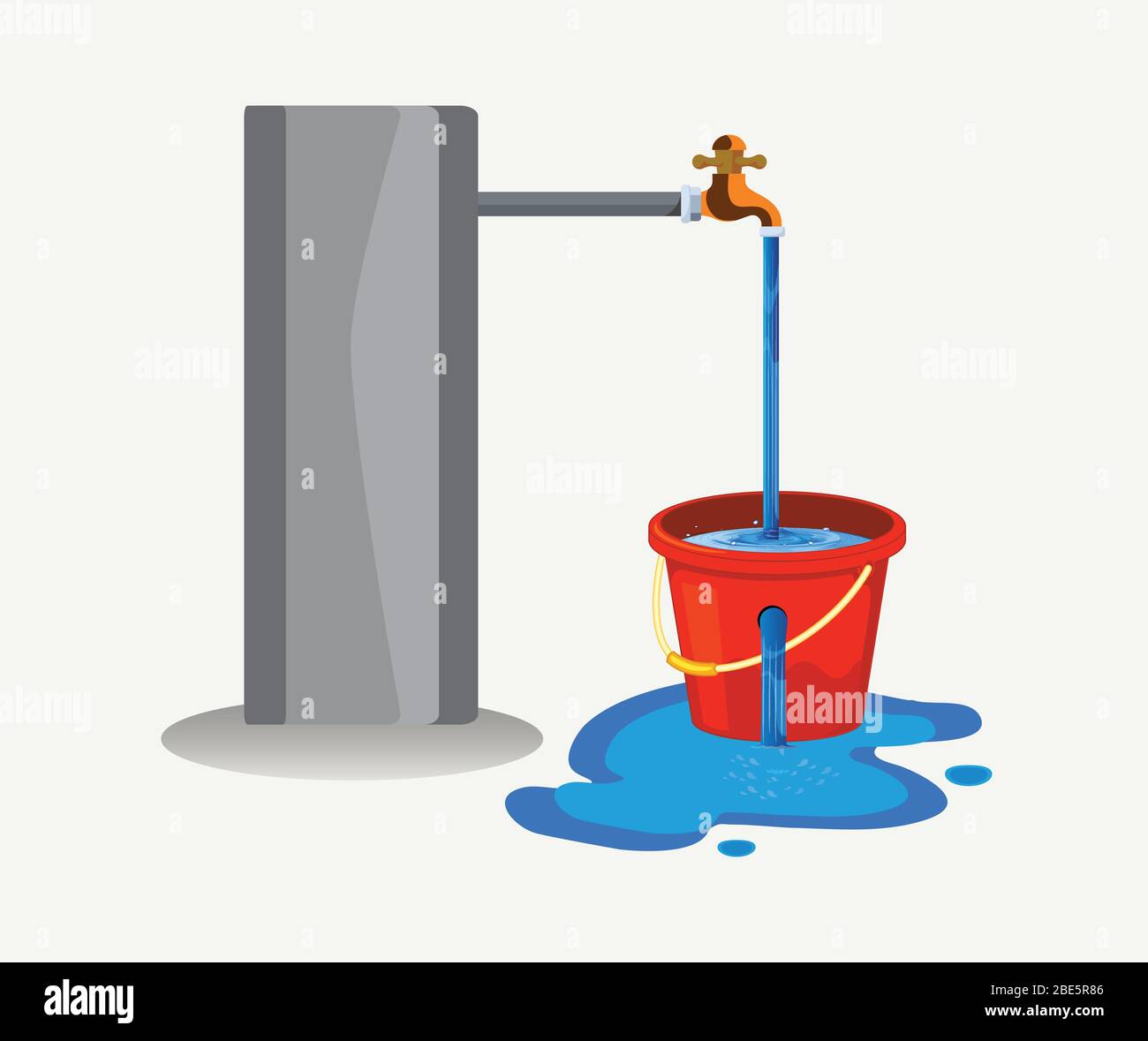 Water waste from running tap. Wastage of  water theme for save water. Spread water on floor from hole bucket. Stock Vector