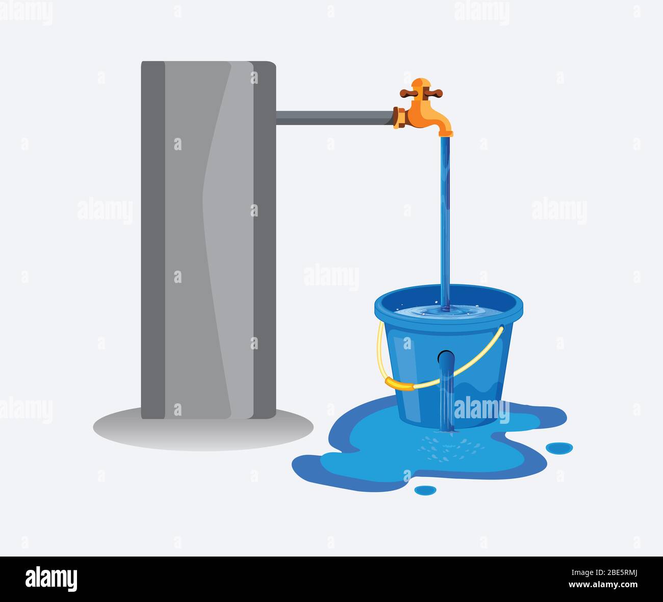 Water waste from running tap. Wastage of  water theme for save water. Spread water on floor from hole bucket. Stock Vector
