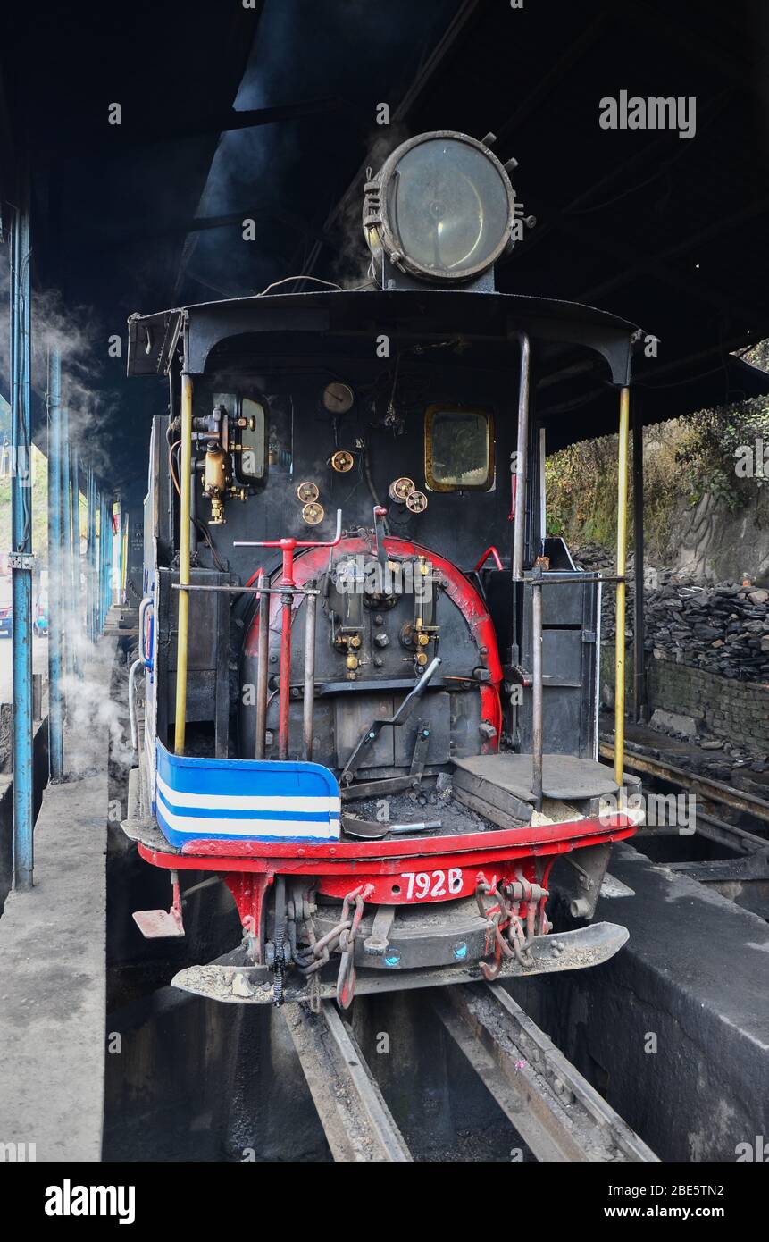 Rear view showing the driver cabin and control panel of the vintage British built B-Class steam locomotive of Darjeeling Himalayan Railway Stock Photo