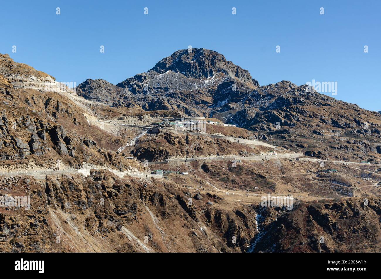 View of the dry barren Nathu La Mountain Pass landscape during December at Sikkim, India Stock Photo