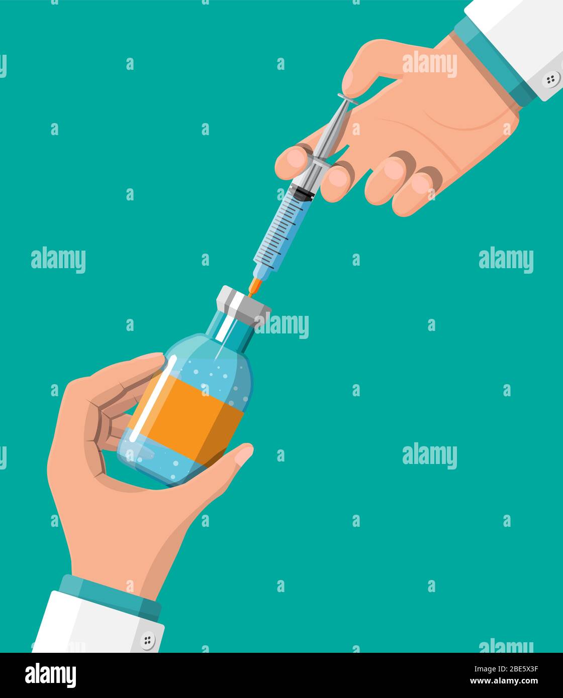 Ampoule and syringe with medicament in hand. Vaccination concept. Injection syringe needles. Medical equipment. Healthcare, hospital and medical diagnostics. Vector illustration in flat style Stock Vector