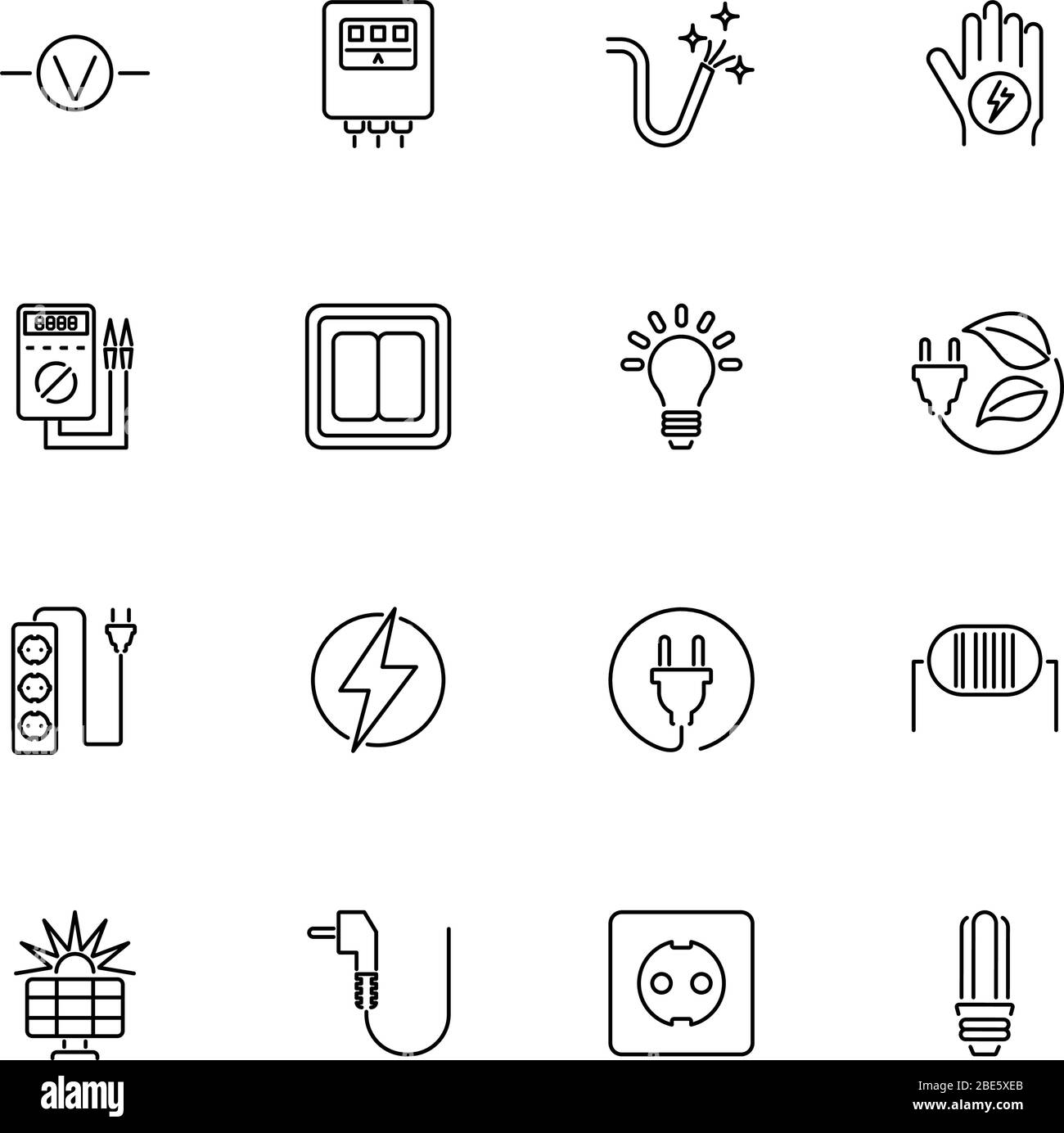 Electricity, Electrification outline icons set - Black symbol on white background. Electricity, Voltage Simple Illustration Symbol - lined simplicity Stock Vector