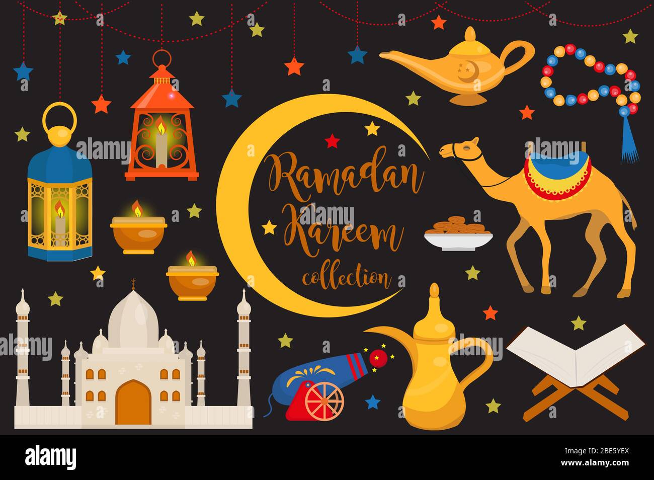 Ramadan kareem flat icon set, cartoon style. Collection of arabic design  elements with camel, quran, lanterns, rosary, food, mosque. illustration  Stock Photo - Alamy