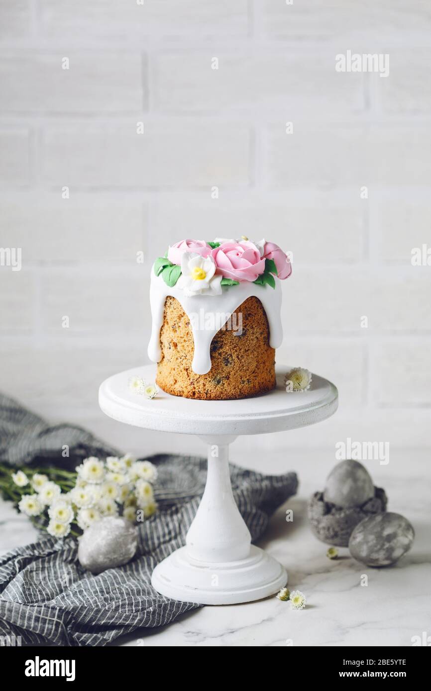 Easter inspiration. Cake on stand on marble table. Holiday background Stock Photo