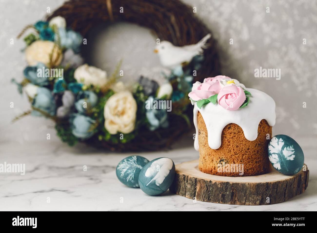 Easter rustic composition with blue eggs. Holiday background. Copy space Stock Photo